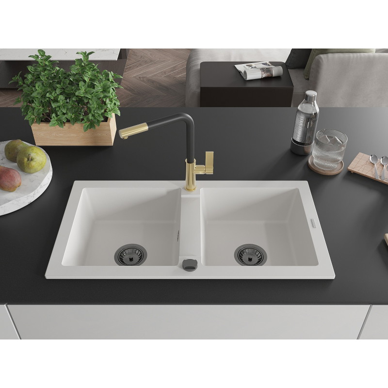 Mexen Mario fregadero de granito de 2 senos con grifo de cocina Flora, blanco - 6504-20-670401-57-B