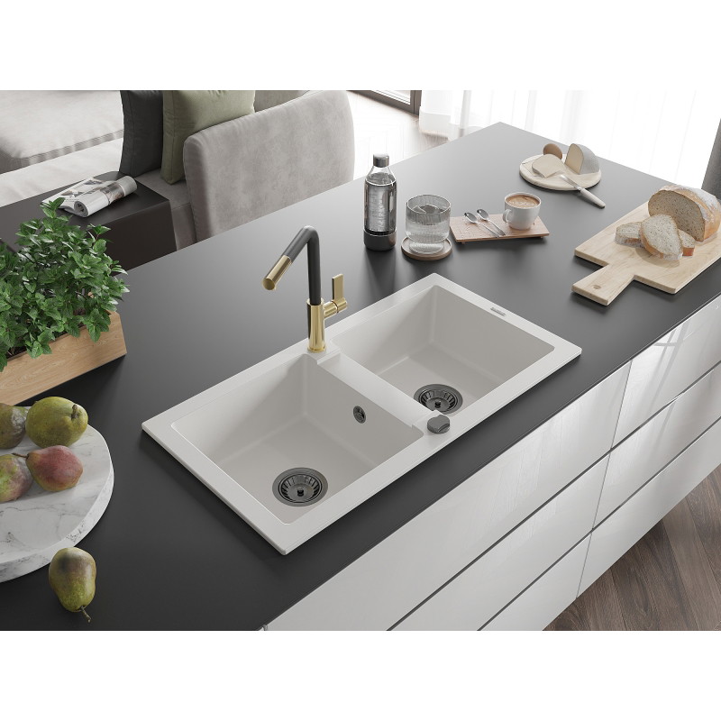 Mexen Mario granitische spoelbak met 2 kamers en keukenmengkraan Flora, wit - 6504-20-670401-57-B
