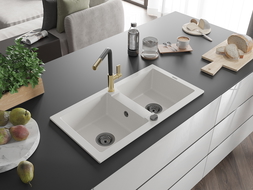 Mexen Mario lava-louça de granito de 2 cubas com torneira de cozinha Flora, branco - 6504-20-670401-57-B