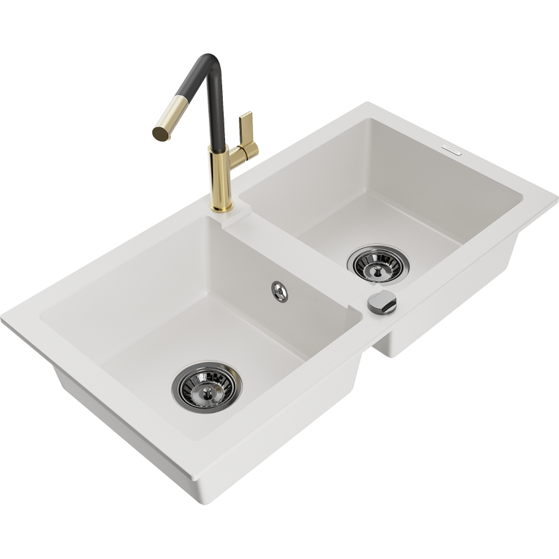 Mexen Mario fregadero de granito de 2 compartimientos con grifo de cocina Flora, blanco - 6504-20-670401-57-B