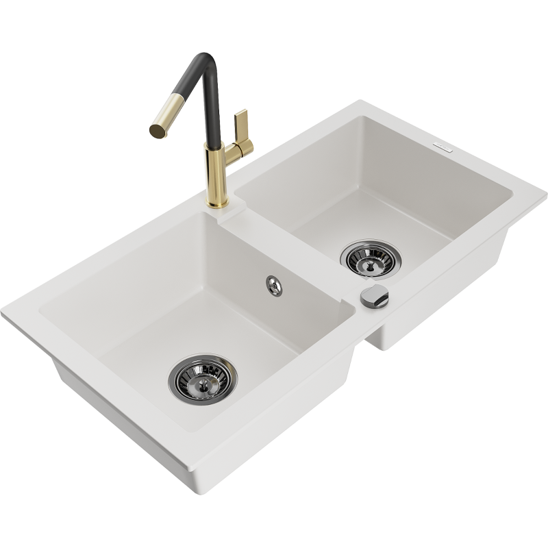 Mexen Mario granieten spoelbak 2-kamer met keukenkraan Flora, wit - 6504-20-670401-57-B