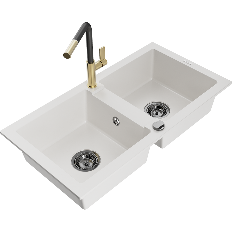 Mexen Mario lava-louça de granito de 2 cubas com torneira de cozinha Flora, branco - 6504-20-670401-57-B