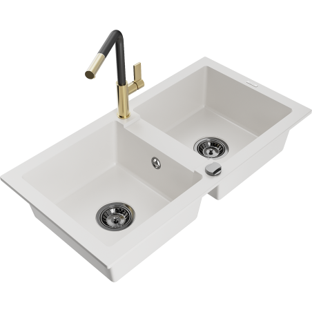 Mexen Mario lava-louça de granito de 2 cubas com torneira de cozinha Flora, branco - 6504-20-670401-57-B
