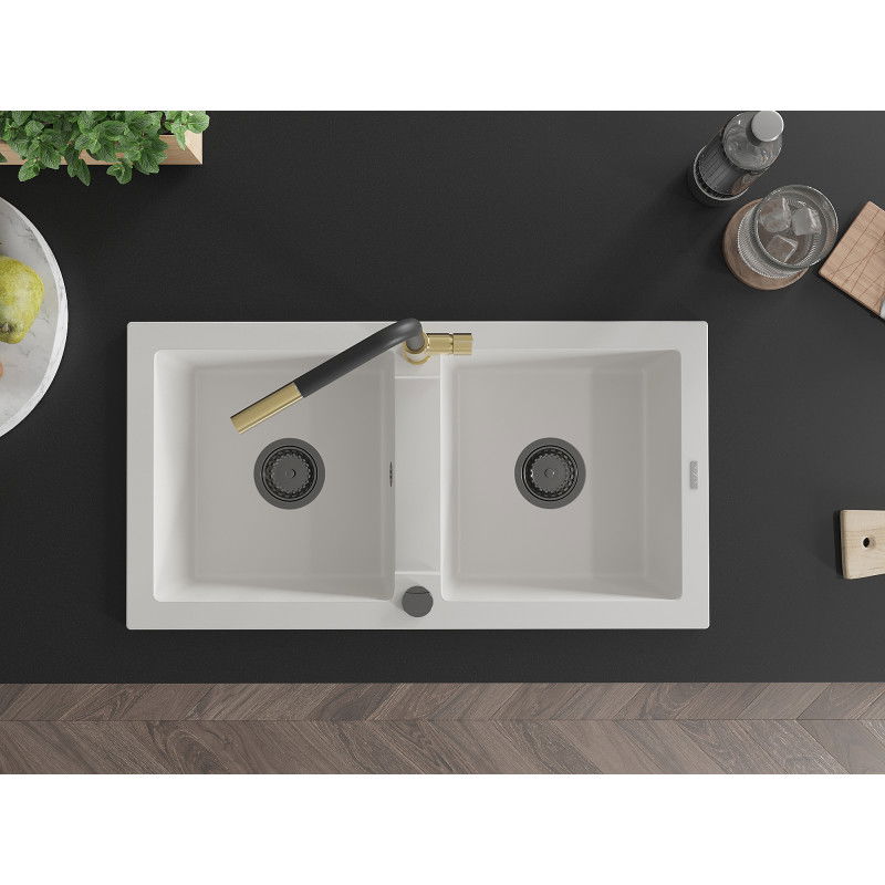 Mexen Mario 2-Kammer Granitspüle mit Küchenarmatur Flora, weiß - 6504-20-670401-57-B