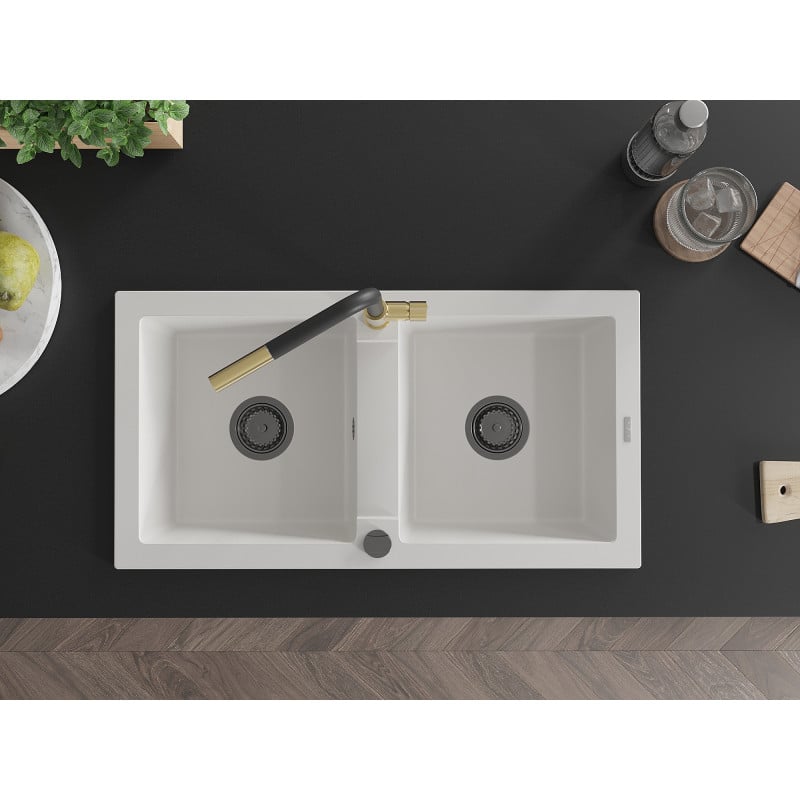 Mexen Mario lava-louça de granito de 2 cubas com torneira de cozinha Flora, branco - 6504-20-670401-57-B