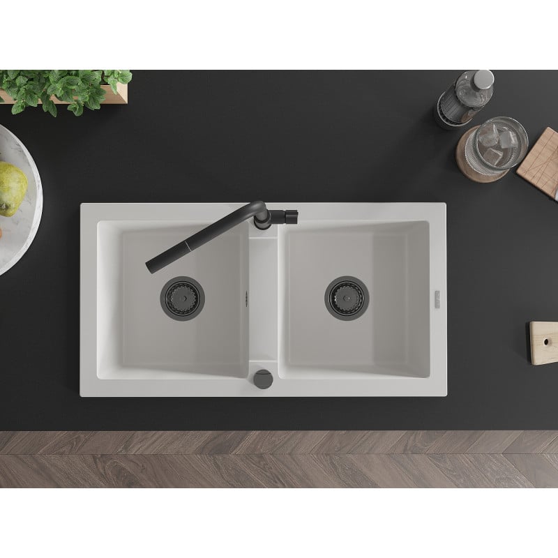 Mexen Mario 2-bowl granite sink with Flora kitchen tap, white - 6504-20-670401-70-B