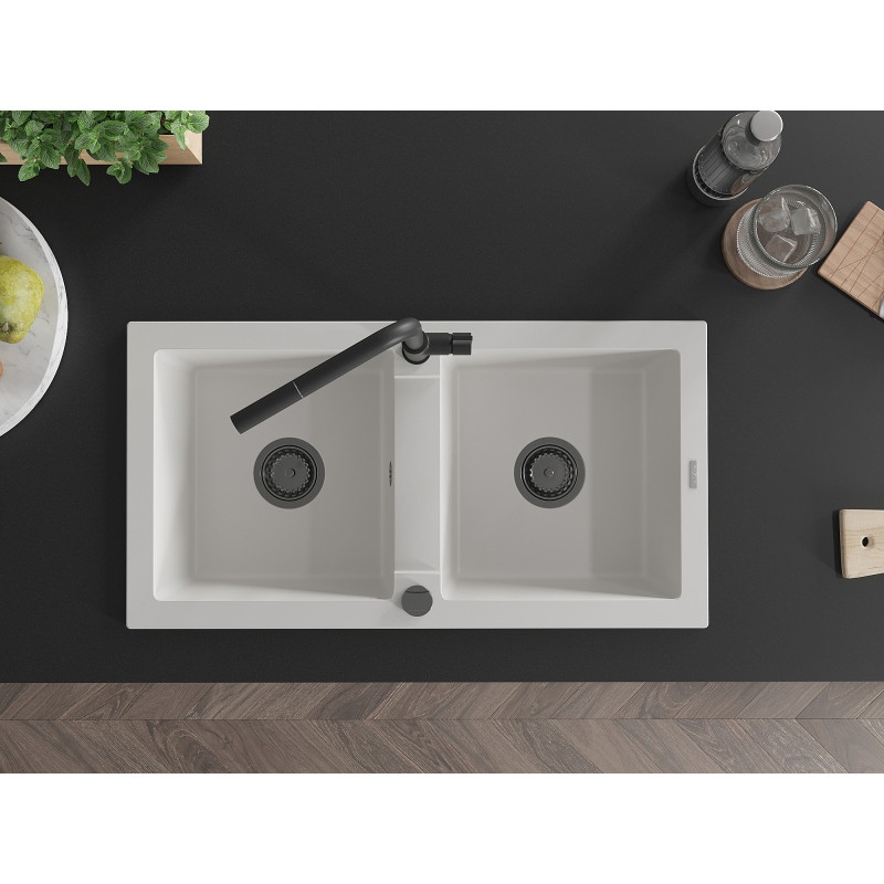 Mexen Mario fregadero de granito de 2 cubetas con grifo de cocina Flora, blanco - 6504-20-670401-70-B