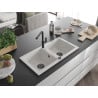 Mexen Mario 2-bowl granite sink with Flora kitchen tap, white - 6504-20-670401-70-B