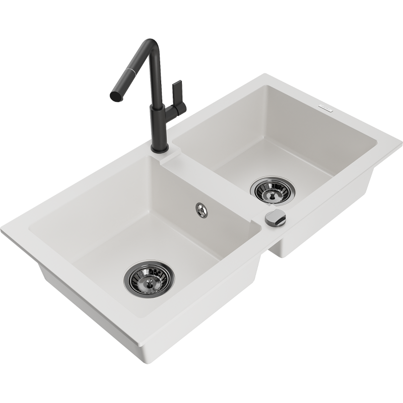 Mexen Mario 2-bowl granite sink with Flora kitchen tap, white - 6504-20-670401-70-B
