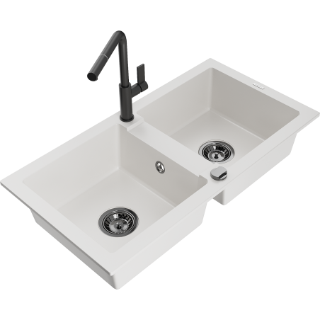 Mexen Mario 2-bowl granite sink with Flora kitchen tap, white - 6504-20-670401-70-B