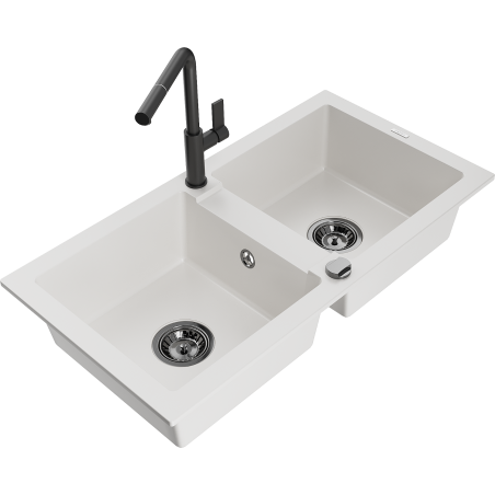 Mexen Mario fregadero de granito de 2 cubetas con grifo de cocina Flora, blanco - 6504-20-670401-70-B