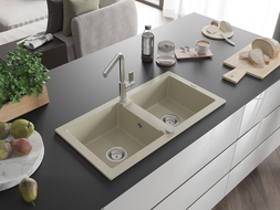 Mexen Mario évier en granit à 2 bacs avec robinet de cuisine Flora, beige - 6504-69-670401-00