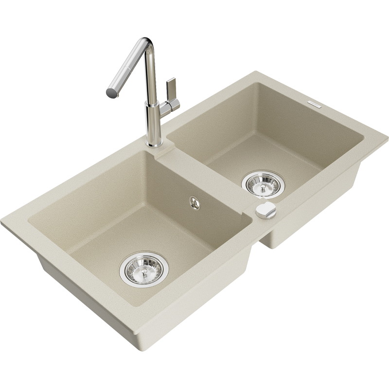 Mexen Mario granieten spoelbak met 2 kamers en keukenmengkraan Flora, beige - 6504-69-670401-00