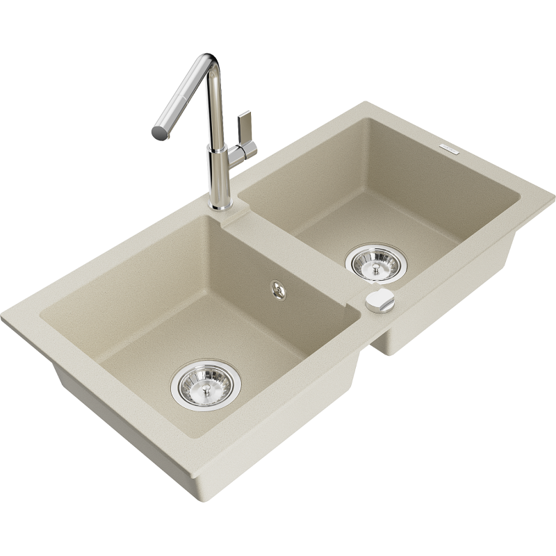 Mexen Mario granite sink 2-chamber with Flora kitchen tap, beige - 6504-69-670401-00