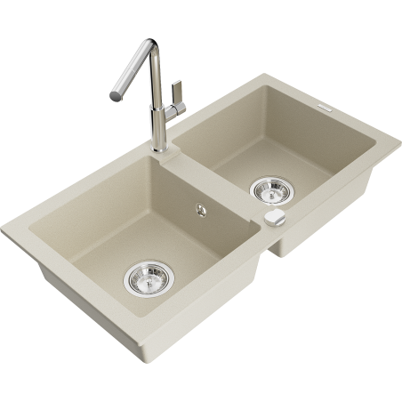 Mexen Mario granite sink 2-chamber with Flora kitchen tap, beige - 6504-69-670401-00