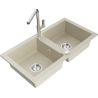 Mexen Mario granite sink 2-chamber with Flora kitchen tap, beige - 6504-69-670401-00