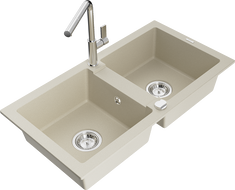Mexen Mario évier en granit à 2 bacs avec robinet de cuisine Flora, beige - 6504-69-670401-00