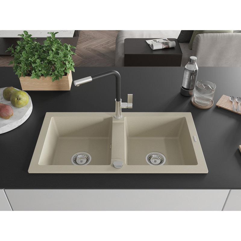 Mexen Mario fregadero de cocina de granito de 2 senos con grifo Flora, beige - 6504-69-670401-07