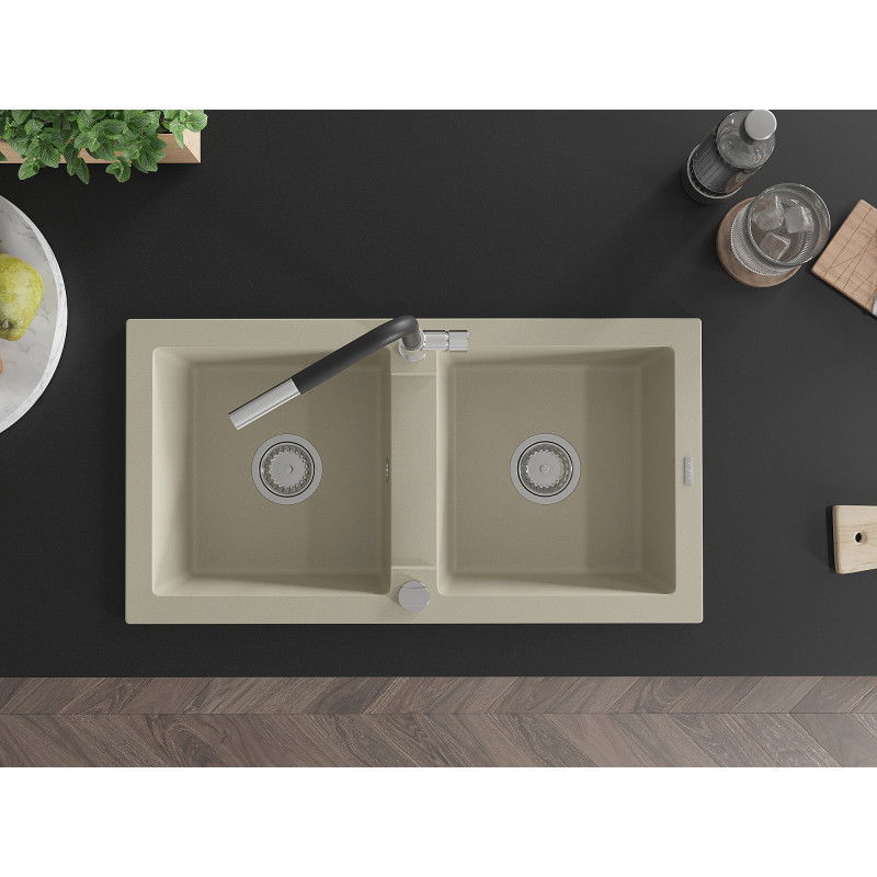 Mexen Mario évier en granit à 2 bacs avec robinet de cuisine Flora, beige - 6504-69-670401-07