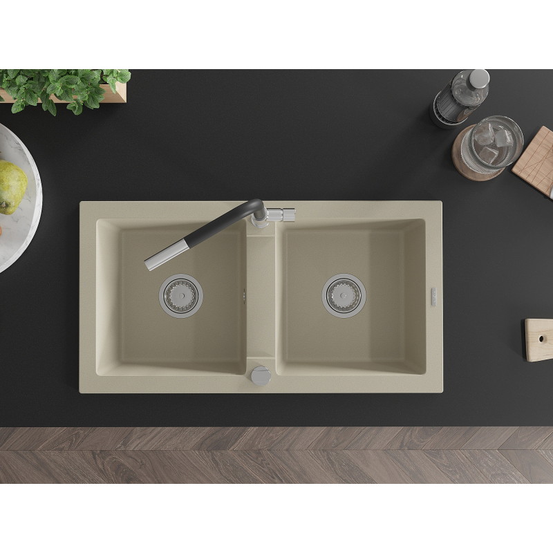 Mexen Mario granitspüle 2-kammern mit Küchenarmatur Flora, beige - 6504-69-670401-07