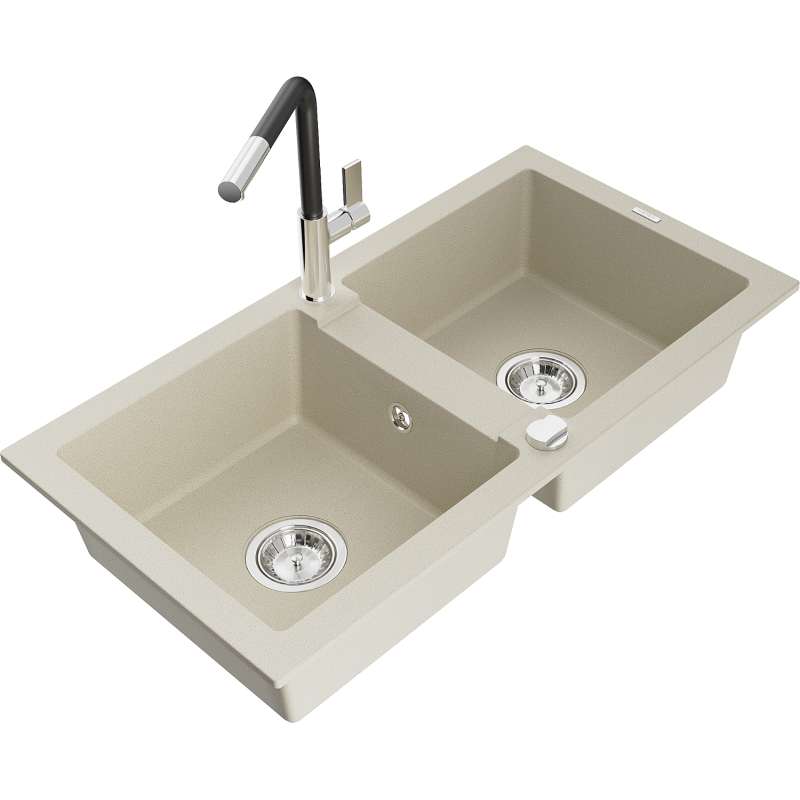 Mexen Mario fregadero de granito de 2 senos con grifo de cocina Flora, beige - 6504-69-670401-07