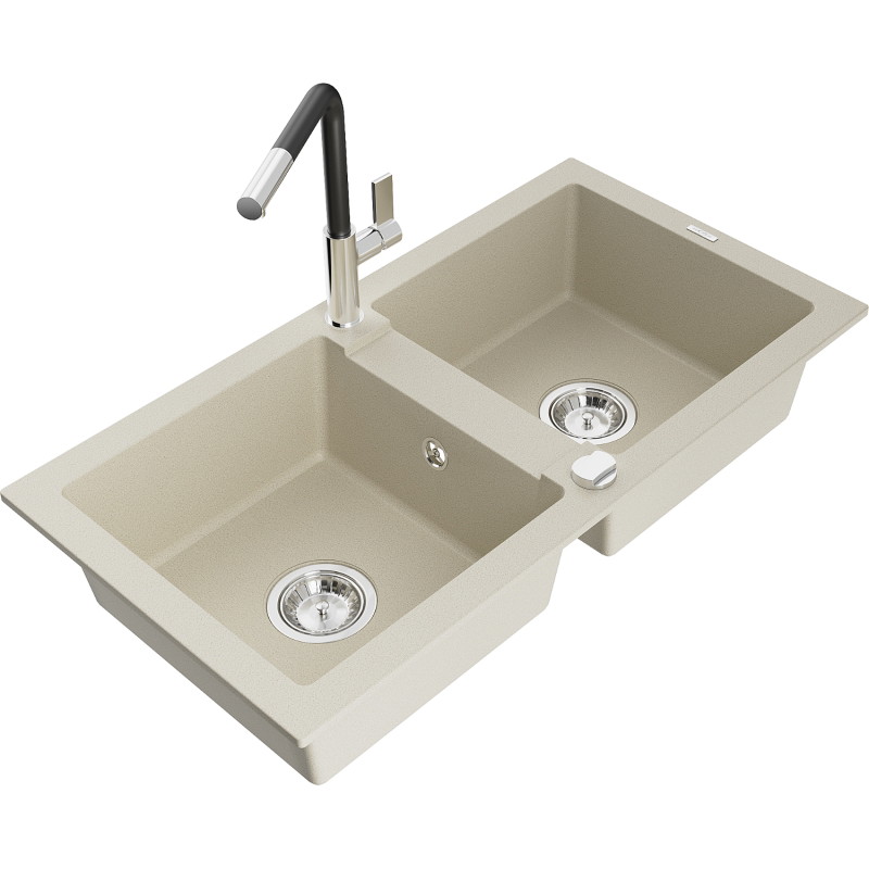 Mexen Mario granitische dubbele wastafel met keukenkraan Flora, beige - 6504-69-670401-07
