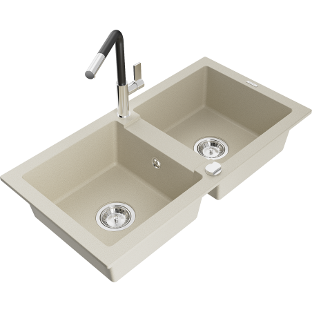 Mexen Mario fregadero de granito de 2 compartimentos con grifo de cocina Flora, beige - 6504-69-670401-07