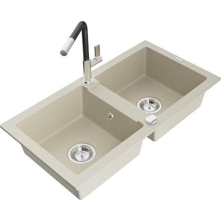 Mexen Mario Granitspüle 2-Kammer mit Küchenarmatur Flora, beige - 6504-69-670401-07