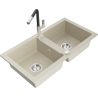 Mexen Mario granite kitchen sink 2-bowl with Flora kitchen tap, beige - 6504-69-670401-07