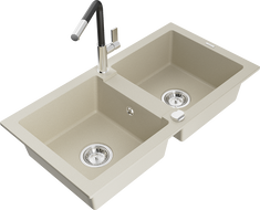 Mexen Mario granite kitchen sink 2-bowl with Flora kitchen tap, beige - 6504-69-670401-07