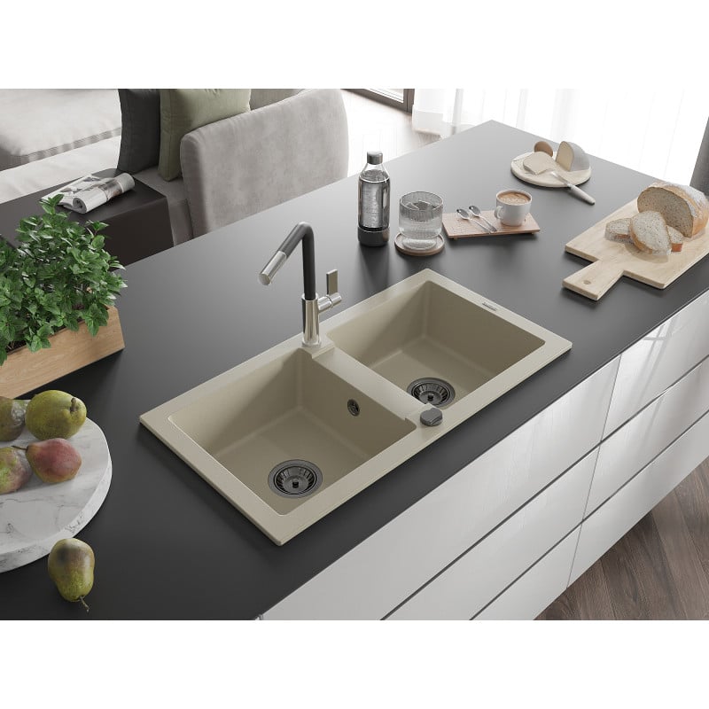 Mexen Mario fregadero de granito de 2 compartimentos con grifo de cocina Flora, beige - 6504-69-670401-07-B