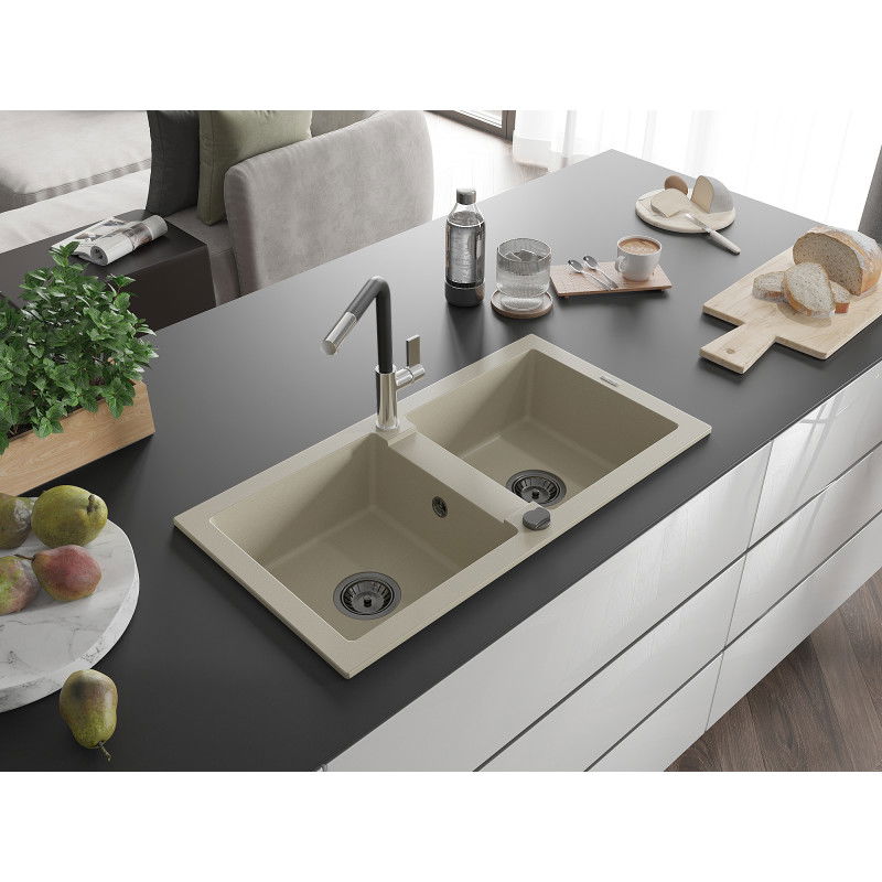 Mexen Mario Granitspüle 2-becken mit Küchenarmatur Flora, beige - 6504-69-670401-07-B