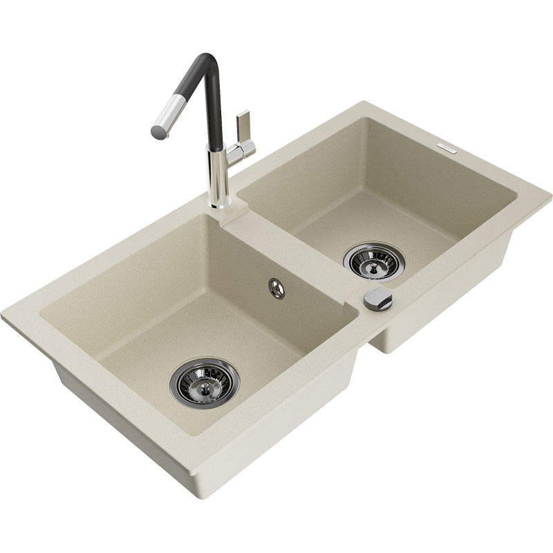 Mexen Mario fregadero de granito de 2 compartimentos con grifo de cocina Flora, beige - 6504-69-670401-07-B