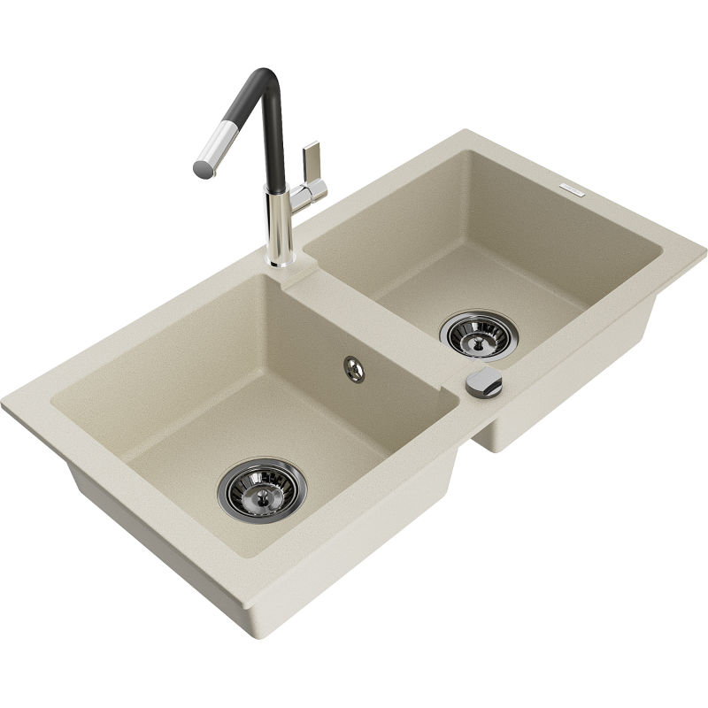 Mexen Mario granieten gootsteen met 2 compartimenten en keukenmengkraan Flora, beige - 6504-69-670401-07-B