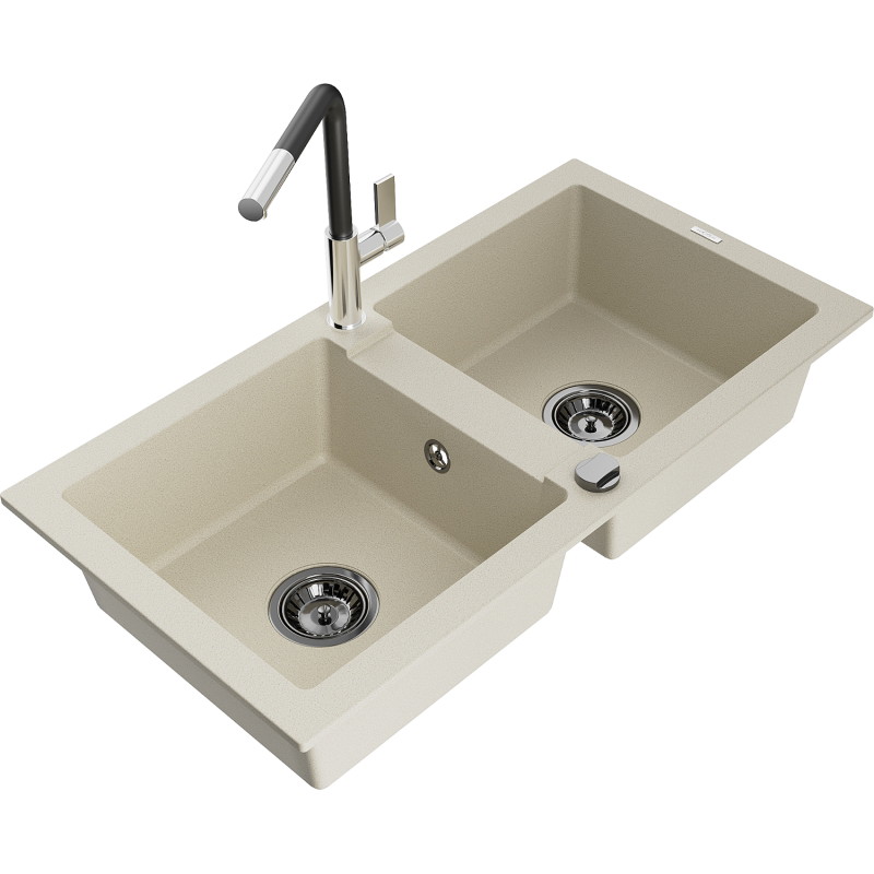 Mexen Mario granieten spoelbak met 2 kamers en keukenmengkraan Flora, beige - 6504-69-670401-07-B