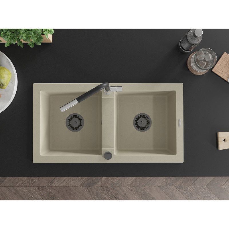 Mexen Mario évier en granit à 2 bacs avec robinet de cuisine Flora, beige - 6504-69-670401-07-B