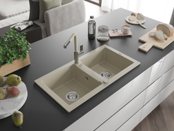 Mexen Mario granite double-bowl sink with Flora kitchen faucet, beige - 6504-69-670401-09