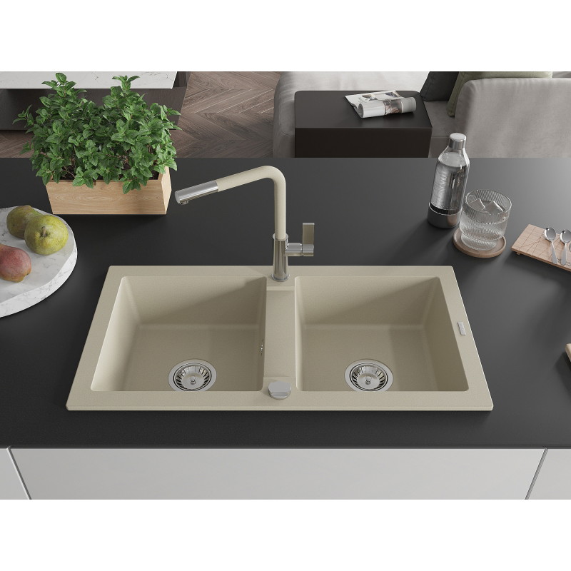 Mexen Mario évier en granit 2 bacs avec robinet de cuisine Flora, beige - 6504-69-670401-09