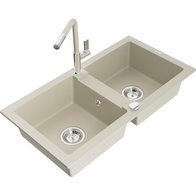 Mexen Mario évier en granit 2 bacs avec robinet de cuisine Flora, beige - 6504-69-670401-09