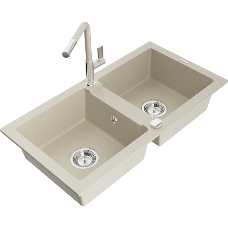 Mexen Mario fregadero de granito de 2 compartimentos con grifo de cocina Flora, beige - 6504-69-670401-09