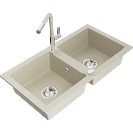 Mexen Mario granitdiskho med två fack och köksblandare Flora, beige - 6504-69-670401-09