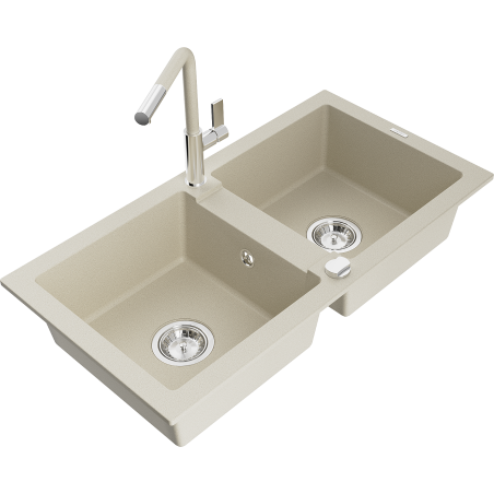 Mexen Mario lavello in granito a 2 vasche con miscelatore cucina Flora, beige - 6504-69-670401-09