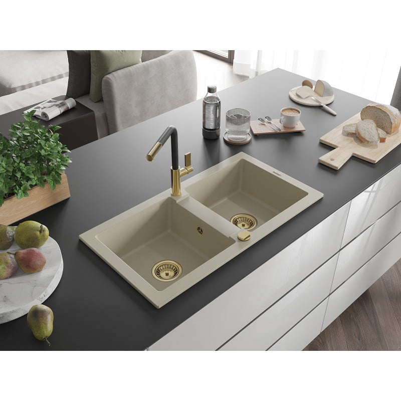 Mexen Mario granite kitchen sink 2-bowl with Flora kitchen tap, beige - 6504-69-670401-57-G