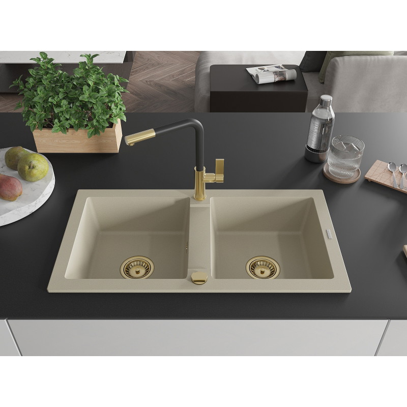 Mexen Mario granitische dubbele spoelbak met keukenmengkraan Flora, beige - 6504-69-670401-57-G