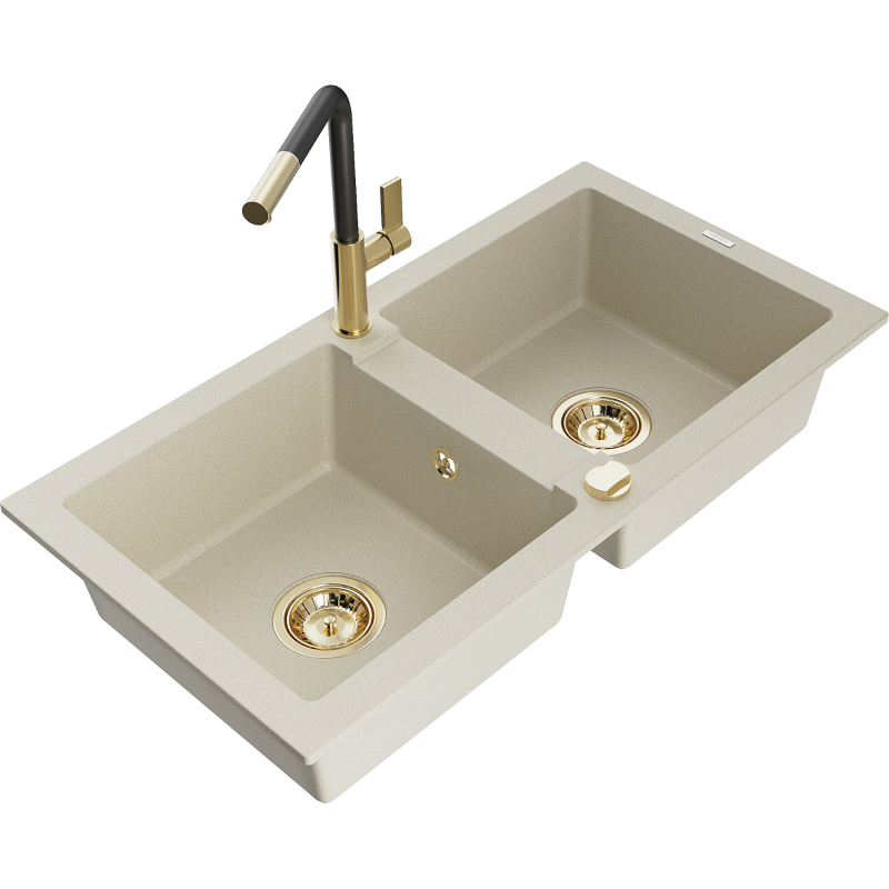 Mexen Mario graniittinen keittiöallas, kahden altaan ja keittiöhana Flora, beige - 6504-69-670401-57-G