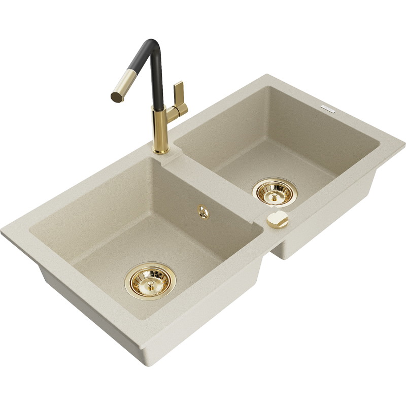 Mexen Mario granitische dubbele spoelbak met keukenmengkraan Flora, beige - 6504-69-670401-57-G