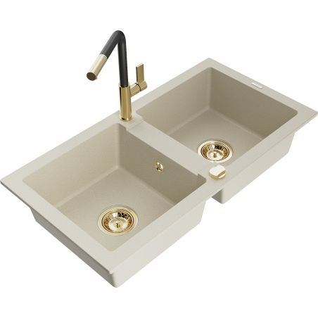 Mexen Mario évier en granit à 2 bacs avec robinet de cuisine Flora, beige - 6504-69-670401-57-G
