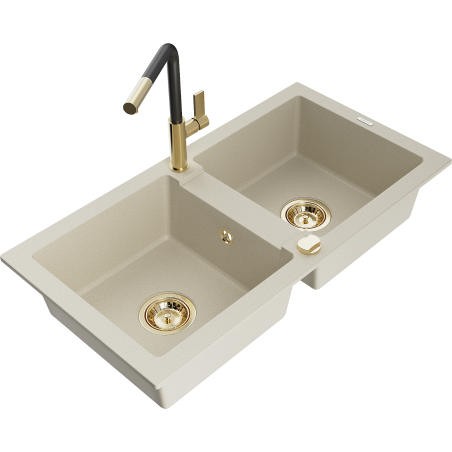 Mexen Mario granieten spoelbak 2-kamer met keukenmengkraan Flora, beige - 6504-69-670401-57-G