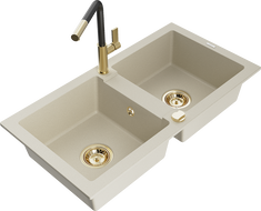 Mexen Mario lava-loiça de granito de 2 cubas com torneira de cozinha Flora, bege - 6504-69-670401-57-G