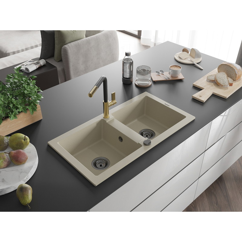 Mexen Mario granieten gootsteen 2-kamers met keukenkraan Flora, beige - 6504-69-670401-57-B